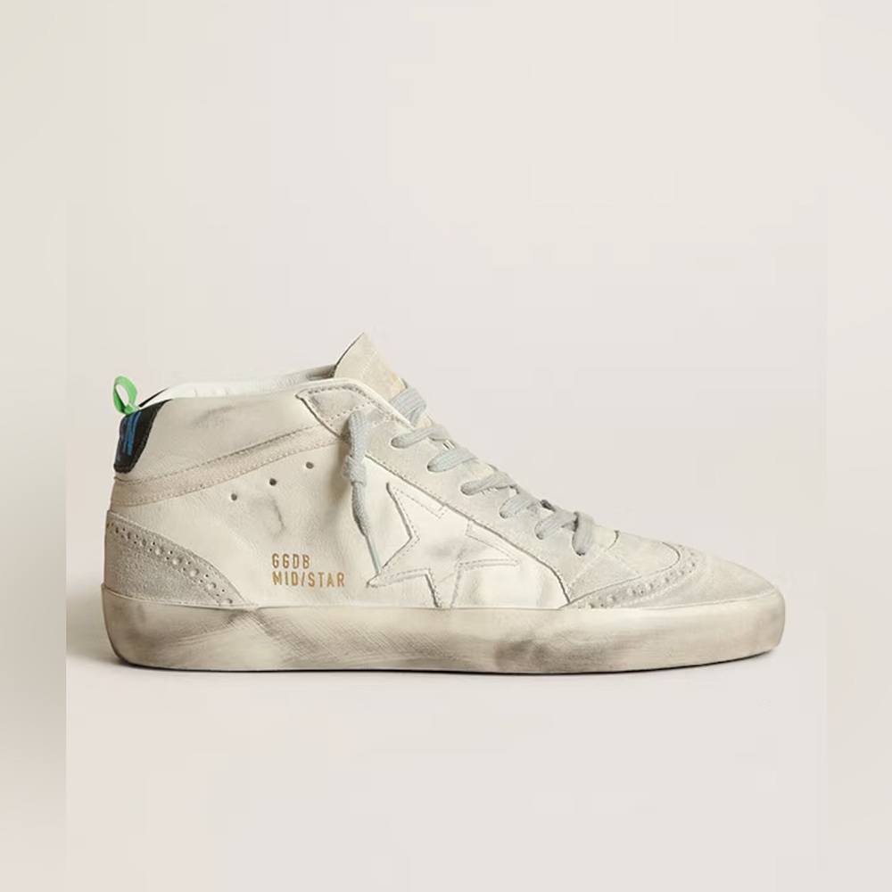 Golden Goose Mid Star White Suede High-Top Sneakers with Green & Blue Accents